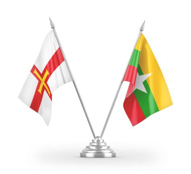 Myanmar ve Guernsey masa bayrakları beyaz arkaplanda 3 boyutlu görüntüleme