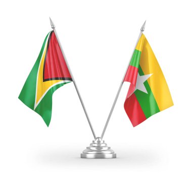 Myanmar ve Guyana masa bayrakları beyaz arkaplanda 3 boyutlu görüntüleme