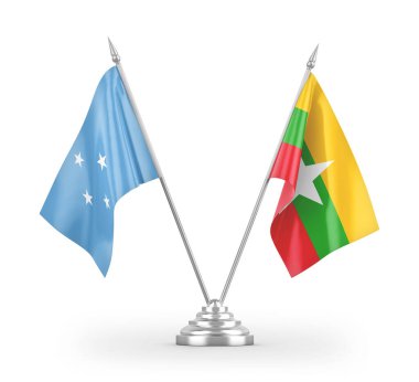 Myanmar ve Mikronezya masa bayrakları beyaz arkaplanda 3 boyutlu görüntüleme