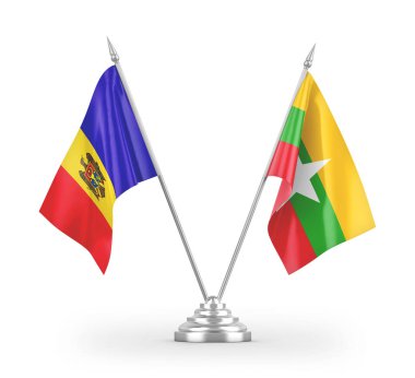 Myanmar ve Moldova masa bayrakları beyaz arkaplanda 3 boyutlu görüntüleme