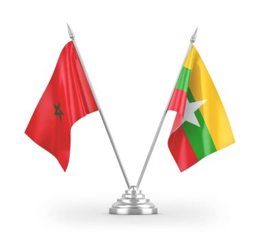 Myanmar ve Fas masa bayrakları beyaz arkaplanda 3 boyutlu görüntüleme
