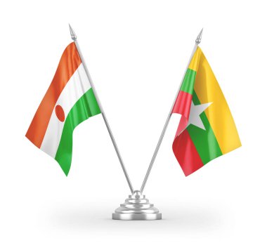 Myanmar ve Nijer masa bayrakları beyaz arkaplanda 3 boyutlu görüntüleme