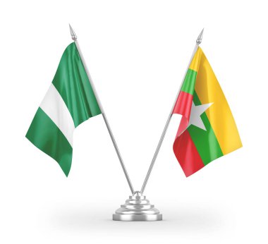 Myanmar ve Nijerya masa bayrakları beyaz arkaplanda 3 boyutlu görüntüleme