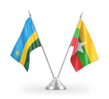 Myanmar ve Ruanda masa bayrakları beyaz arkaplanda 3 boyutlu görüntüleme