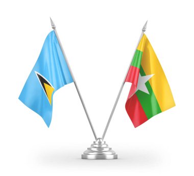 Myanmar ve Saint Lucia masa bayrakları beyaz arkaplanda 3 boyutlu görüntüleme
