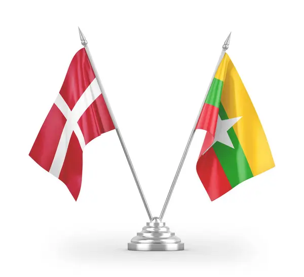 Myanmar Dánsko Tabulky Vlajky Izolované Bílém Pozadí Vykreslování — Stock fotografie