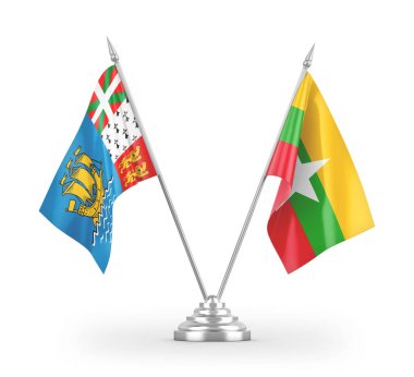 Myanmar ve Saint Pierre ve Miquelon masa bayrakları beyaz arka planda izole edilmiş 3D görüntüleme