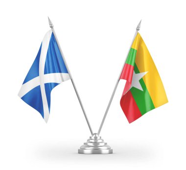 Myanmar ve İskoçya masa bayrakları beyaz arkaplanda 3 boyutlu görüntüleme