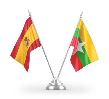 Myanmar ve İspanya masa bayrakları beyaz arkaplanda 3 boyutlu görüntüleme