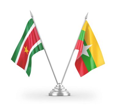 Myanmar ve Surinam masa bayrakları beyaz arkaplanda 3 boyutlu görüntüleme