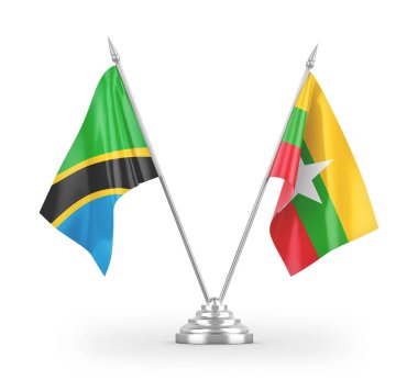 Myanmar ve Tanzanya masa bayrakları beyaz arkaplanda 3 boyutlu görüntüleme