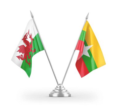 Beyaz arkaplan üzerinde izole edilmiş Myanmar ve Galler masa bayrakları 3D görüntüleme