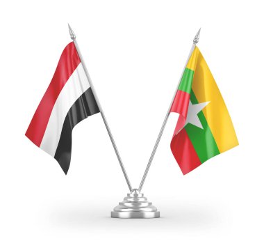 Myanmar ve Yemen masa bayrakları beyaz arka planda izole edilmiş 3D görüntüleme