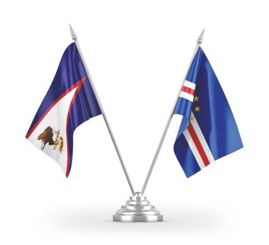 Cabo Verde ve Amerikan Samoa masa bayrakları beyaz arkaplanda izole edilmiş 3D görüntüleme