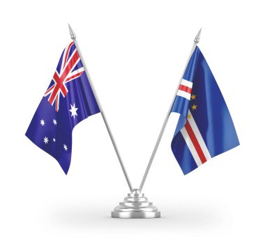 Cabo Verde ve Avustralya masa bayrakları beyaz arkaplanda izole edilmiş 3D görüntüleme