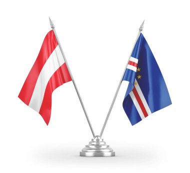 Cabo Verde ve Avusturya masa bayrakları beyaz arkaplanda izole edilmiş 3D görüntüleme