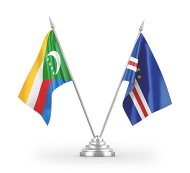 Cabo Verde ve Comoros masa bayrakları beyaz arkaplanda izole edilmiş 3d görüntüleme 