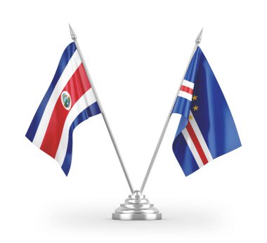 Cabo Verde ve Kosta Rika masa bayrakları beyaz arkaplanda izole edilmiş 3D görüntüleme