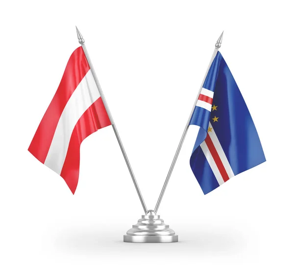 Bandeiras Mesa Cabo Verde Áustria Isoladas Fundo Branco Renderização — Fotografia de Stock