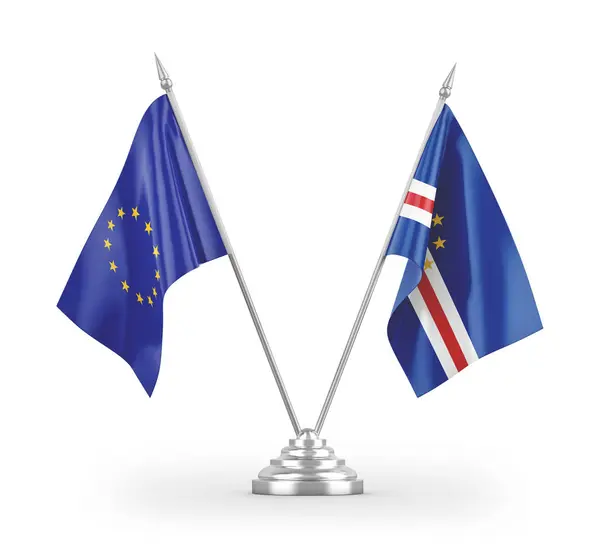 Bandeiras Mesa Cabo Verde União Europeia Isoladas Sobre Fundo Branco — Fotografia de Stock