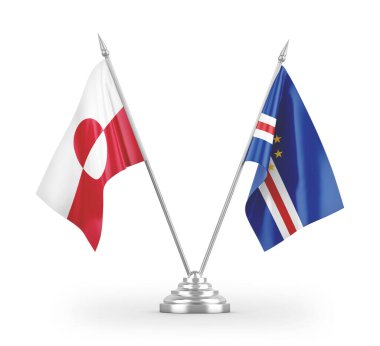 Cabo Verde ve Grönland masa bayrakları beyaz arkaplanda izole edilmiş 3D görüntüleme