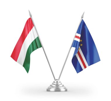 Cabo Verde ve Macaristan masa bayrakları beyaz arkaplanda izole edilmiş 3D görüntüleme