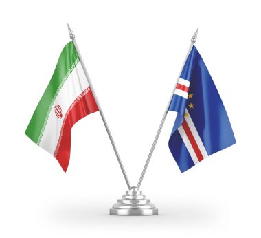 Cabo Verde ve İran masa bayrakları beyaz arka planda izole edilmiş 3D görüntüleme