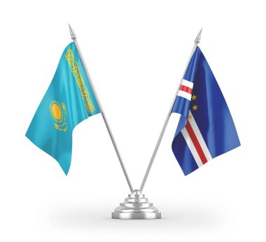 Cabo Verde ve Kazakistan masa bayrakları beyaz arkaplanda izole edilmiş 3d görüntüleme