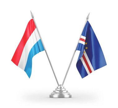 Cabo Verde ve Lüksemburg masa bayrakları beyaz arkaplanda izole edilmiş 3d görüntüleme