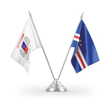 Cabo Verde ve Mayotte masa bayrakları beyaz arkaplanda izole edilmiş 3d görüntüleme