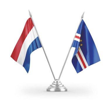 Cabo Verde ve Hollanda masa bayrakları beyaz arkaplanda izole edilmiş 3d görüntüleme