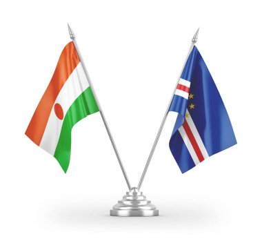 Cabo Verde ve Nijer masa bayrakları beyaz arkaplanda izole edilmiş 3D görüntüleme