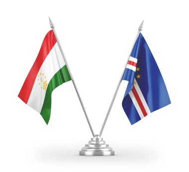 Cabo Verde ve Tacikistan masa bayrakları beyaz arkaplanda izole edilmiş 3d görüntüleme