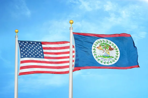 United States Belize Two Flags Flagpoles Blue Cloudy Sky Background — Stock Photo, Image