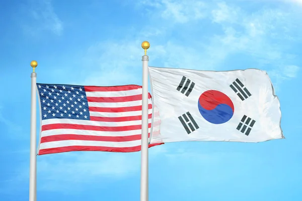 United States South Korea Two Flags Flagpoles Blue Cloudy Sky — Stock Photo, Image