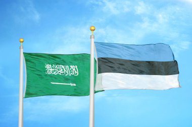 Suudi Arabistan ve Estonya bayrak direkleri ve mavi bulutlu arka planda iki bayrak