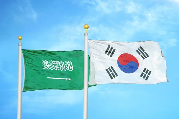 Arabia Saudita Corea Del Sud Due Bandiere Pennoni Cielo Azzurro — Foto Stock