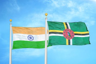 Hindistan ve Dominica bayrak direkleri ve mavi bulutlu arka planda iki bayrak