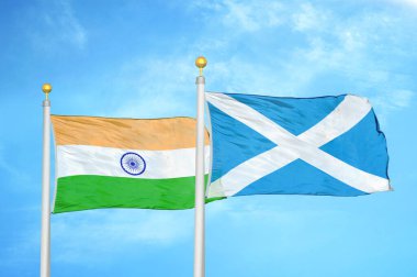 Hindistan ve İskoçya bayrak direğinde iki bayrak ve mavi bulutlu arka plan