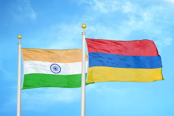 India Armenia Two Flags Flagpoles Blue Cloudy Sky Background — Stock Photo, Image