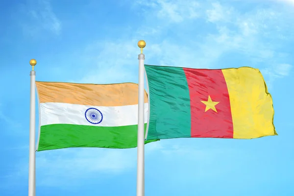 India Cameroon Two Flags Flagpoles Blue Cloudy Sky Background — Stock Photo, Image