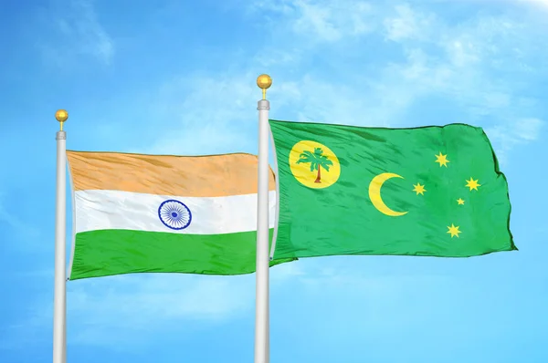 India Cocos Keeling Islands Two Flags Flagpoles Blue Cloudy Sky — Stock Photo, Image