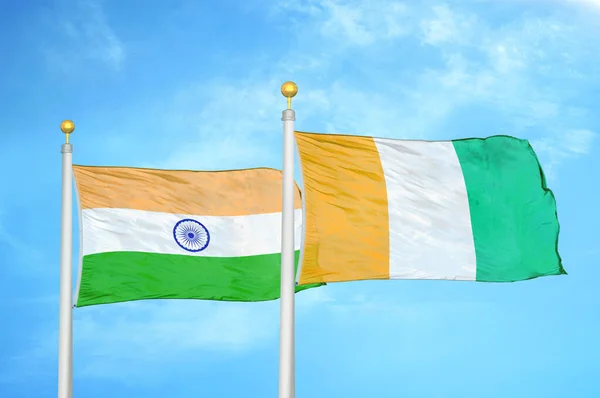 India Cote Ivoire Ivory Coast Two Flags Flagpoles Blue Cloudy — Stock Photo, Image