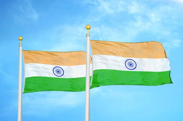 India Two Flags Flagpoles Blue Cloudy Sky Background — Stock Photo, Image