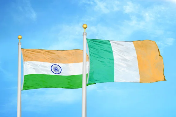 India Ireland Two Flags Flagpoles Blue Cloudy Sky Background — Stock Photo, Image