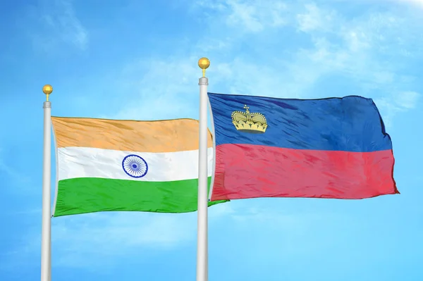 India Liechtenstein Two Flags Flagpoles Blue Cloudy Sky Background — Stock Photo, Image