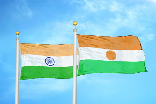 India Niger Two Flags Flagpoles Blue Cloudy Sky Background — Stock Photo, Image