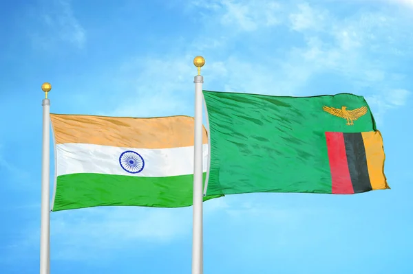 India Zambia Two Flags Flagpoles Blue Cloudy Sky Background — Stock Photo, Image
