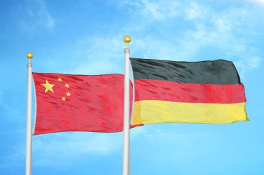 Çin ve Almanya bayrak direkleri ve mavi bulutlu arka planda iki bayrak
