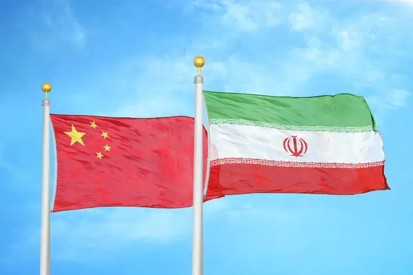China Iran Two Flags Flagpoles Blue Cloudy Sky Background — Stock Photo, Image